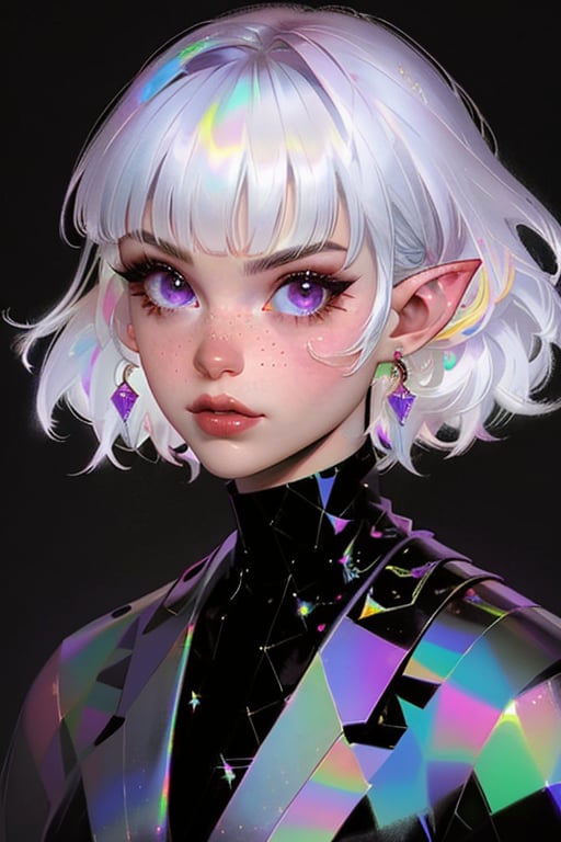 

1girl, solo, looking at viewer, short hair, jewelry, closed mouth, purple eyes, upper body, white hair, earrings, pointy ears, lips, eyelashes, colored skin, black background, portrait, freckles, nose,  chromatic, chromatic hair,chromatic dress,