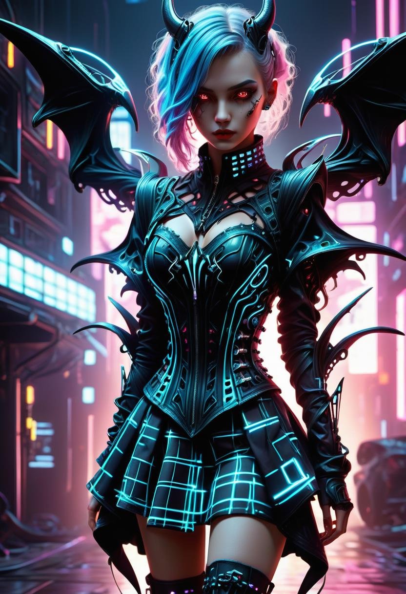 hyper detailed masterpiece, dynamic, awesome quality, DonMN1gh7D3m0nXL constricting full body clothing,  gingham, cyberpunk neon pattern, crystal, batwing sleeves, midi length, empire waist, flared skirt, convertible dress, corset closure,,oil wash,,side pockets,,lace-up back,,pockets, made of night demon  <lora:DonMN1gh7D3m0nXL-v1.1-000008:1>