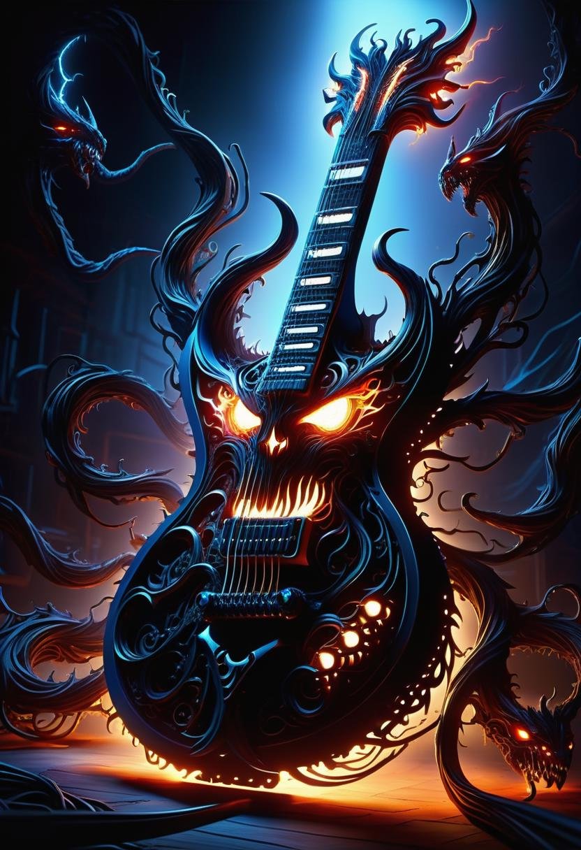 hyper detailed masterpiece, dynamic, awesome quality, DonMN1gh7D3m0nXL electric guitar, halogen lamps,escapement mechanisms,inverters,guards,safety interlocks,power ports,  web,  plush, made of night demon  <lora:DonMN1gh7D3m0nXL-v1.1-000008:1>