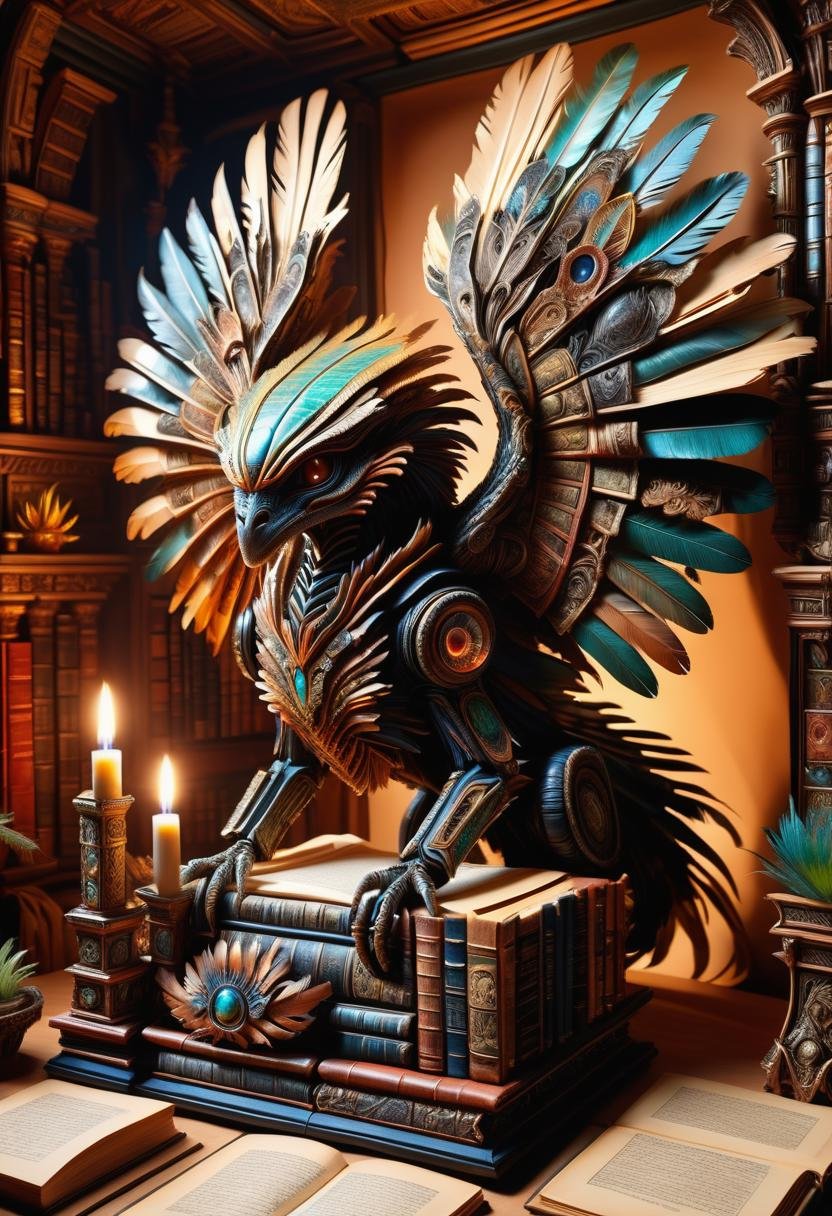 hyper detailed masterpiece, dynamic, awesome quality, DonMB00ksXL alien flora and fauna study enclosure, griffin feather,phoenix feathers,bowls, tapestry with collage tapestry, candlelight, cove lighting, raypunk, sci-fi, paper,leather,made of books <lora:DonMB00ksXL-000008:1>
