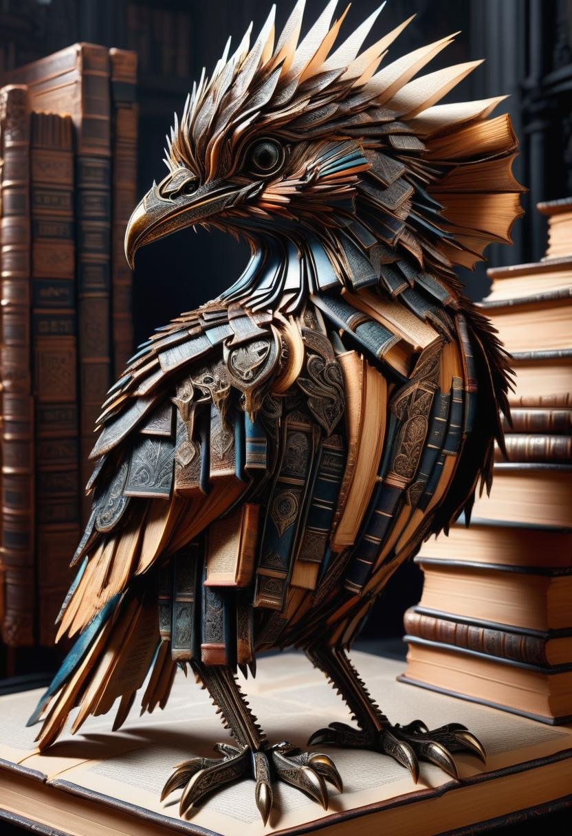 hyper detailed masterpiece, dynamic, awesome quality, DonMB00ksXL medium enigmatic ephemeral minimalist avian soul,  padded appendages,  spiked-tailed, metallic skin,    , made of books <lora:DonMB00ksXL-000008:1>