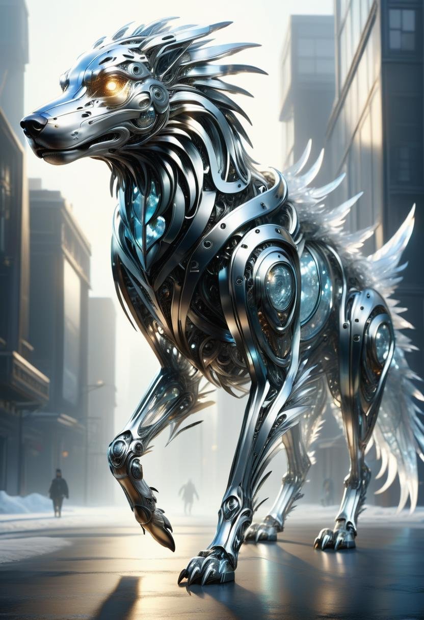 hyper detailed masterpiece, dynamic, awesome quality, DonMSt33lM4g1cXL big avian translucent natural canine person, hexapod trimanual, digitigrade appendages,  prehensile-tailed, icy scales,  floppy ears,  , made of steel, shiny  <lora:DonMSt33lM4g1cXL-v1.1-000008:1>