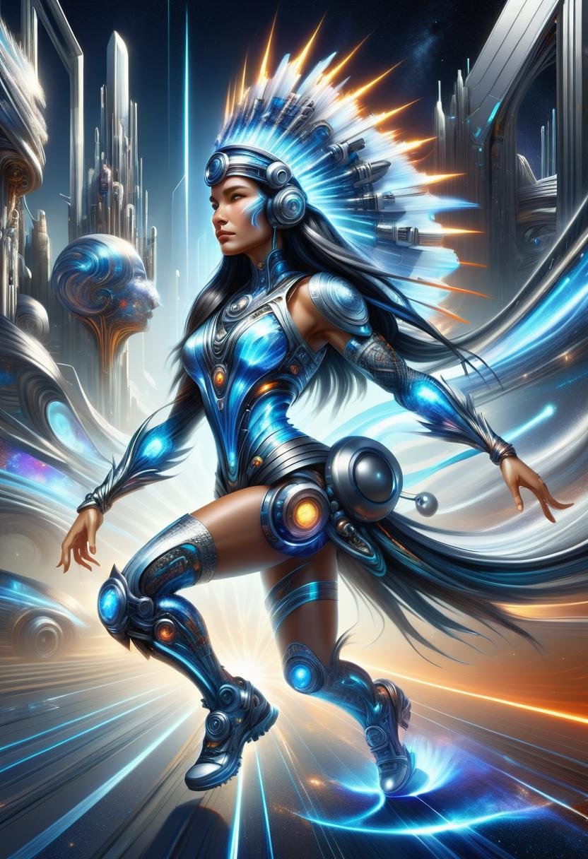 hyper detailed masterpiece, dynamic, awesome quality, DonMFmaXL female interstellar trader,  senior, builky, native american, gray eyes, gauged ears,  protruding chin with cleft, overbite jaw, unique cheeks, curved forehead,    , black wavy haircut hair, loneliness, solar-powered radiance, character basks in sunlight with arms outstretched, absorbing solar energy through integrated panels,  wearing circuit board pattern    sonic soundwave fabric plasma skirt,  holo-glitter tank top,  holographic crown, , elegant turn, character turns with a graceful spin, showcasing fluid body movement, urban reflections in puddles, graffiti-covered walls reflecting cyberpunk art, virtual reality cyberspace,  <lora:DonMFmaXL-000008:1>
