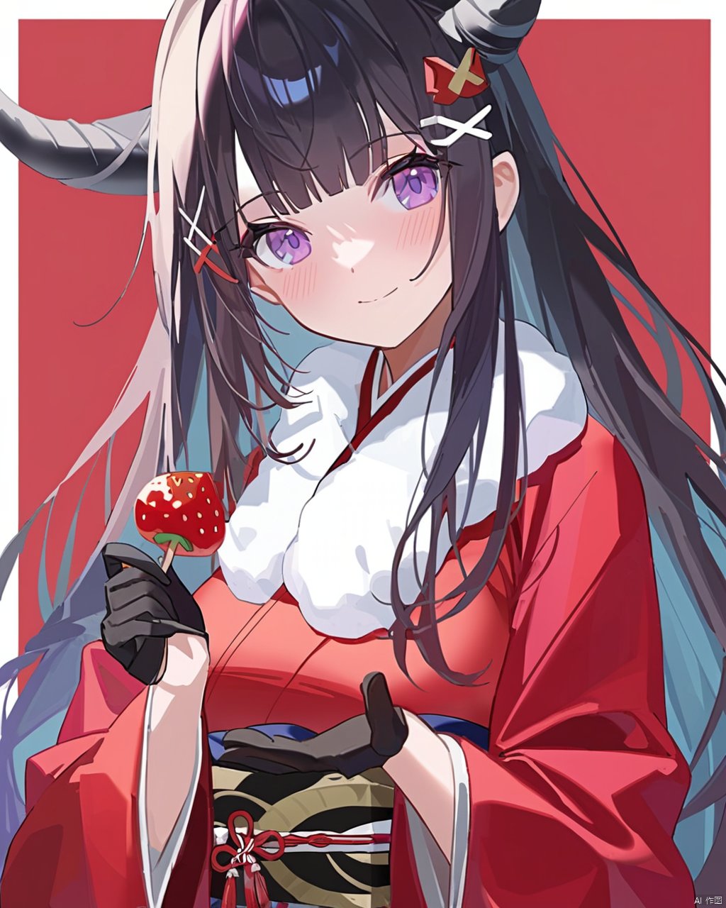  ciloranko,[sho_(sho_lwlw)],(((tianliang duohe fangdongye))) ,1girl, azur lane, bangs, black gloves, black hair, blunt bangs, blush, candy apple, closed mouth, food, gloves, hair ornament, hairclip, holding, holding food, horns, japanese clothes, kimono, long hair, long sleeves, looking at viewer, noshiro (azur lane), noshiro (uncharted festival grounds?) (azur lane), oni, oni horns, purple eyes, red background, red kimono, riria (happy strawberry), solo, two-tone background, upper body, white background, wide sleeves, x hair ornament