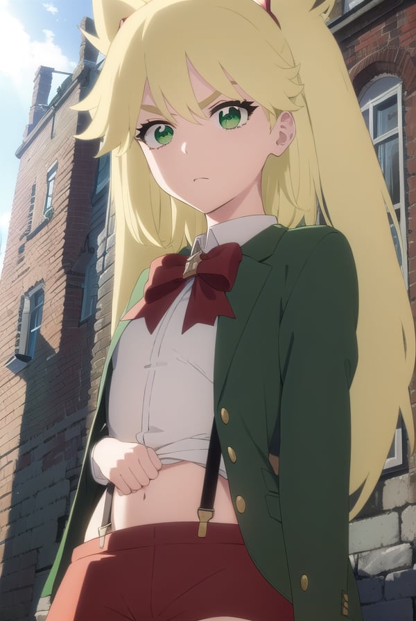 ninnyspangcole, <lora:ninny spangcole anime-lora-nochekaiser:1>,ninny spangcole, long hair, blonde hair, (green eyes:1.5), twintails, two side up,BREAK shirt, thighhighs, long sleeves, bow, jacket, white shirt, shorts, bowtie, red bow, thigh strap, capelet, black shorts, suspenders, green jacket, suspender shorts,BREAK outdoors, city, sun, sky, clouds,BREAK looking at viewer, (cowboy shot:1.5),BREAK <lyco:GoodHands-beta2:1>, (masterpiece:1.2), best quality, high resolution, unity 8k wallpaper, (illustration:0.8), (beautiful detailed eyes:1.6), extremely detailed face, perfect lighting, extremely detailed CG, (perfect hands, perfect anatomy),