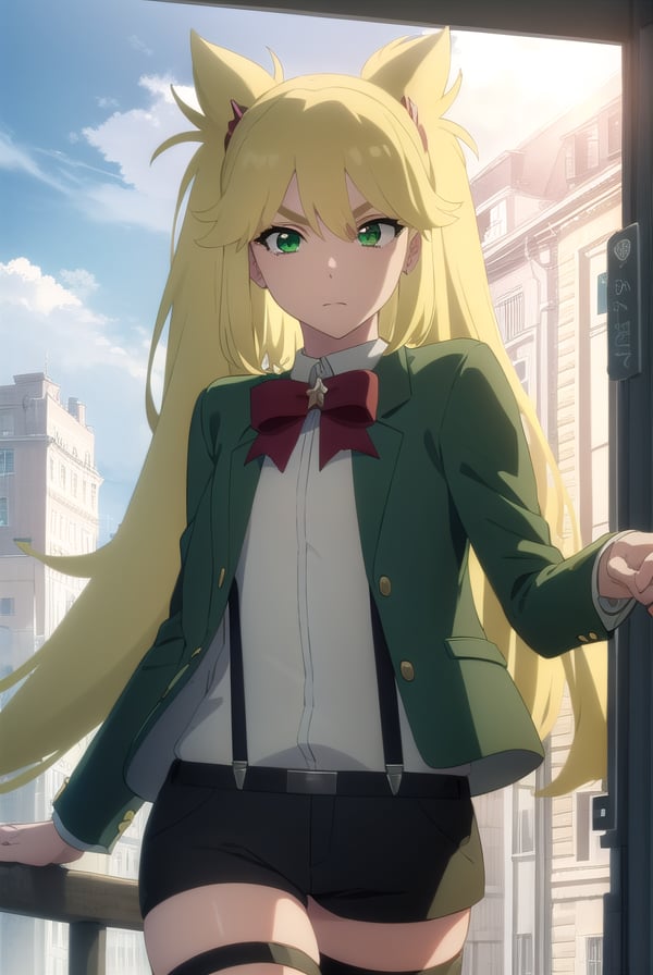 ninnyspangcole, <lora:ninny spangcole anime-lora-nochekaiser:1>,ninny spangcole, long hair, blonde hair, (green eyes:1.5), twintails, two side up,BREAK shirt, thighhighs, long sleeves, bow, jacket, white shirt, shorts, bowtie, red bow, thigh strap, capelet, black shorts, suspenders, green jacket, suspender shorts,BREAK outdoors, city, sun, sky, clouds,BREAK looking at viewer, (cowboy shot:1.5),BREAK <lyco:GoodHands-beta2:1>, (masterpiece:1.2), best quality, high resolution, unity 8k wallpaper, (illustration:0.8), (beautiful detailed eyes:1.6), extremely detailed face, perfect lighting, extremely detailed CG, (perfect hands, perfect anatomy),