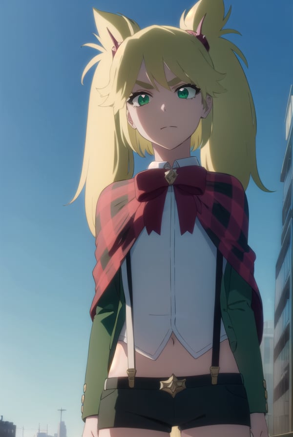 ninnyspangcole, <lora:ninny spangcole anime-lora-nochekaiser:1>,ninny spangcole, long hair, blonde hair, (green eyes:1.5), twintails, two side up,BREAK shirt, thighhighs, long sleeves, bow, jacket, white shirt, shorts, bowtie, red bow, thigh strap, capelet, black shorts, suspenders, green jacket, suspender shorts,BREAK outdoors, city, sun, sky, clouds,BREAK looking at viewer, (cowboy shot:1.5),BREAK <lyco:GoodHands-beta2:1>, (masterpiece:1.2), best quality, high resolution, unity 8k wallpaper, (illustration:0.8), (beautiful detailed eyes:1.6), extremely detailed face, perfect lighting, extremely detailed CG, (perfect hands, perfect anatomy),