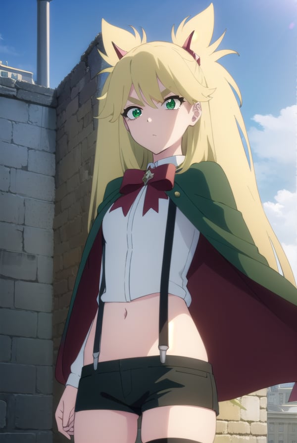 ninnyspangcole, <lora:ninny spangcole anime-lora-nochekaiser:1>,ninny spangcole, long hair, blonde hair, (green eyes:1.5), twintails, two side up,BREAK shirt, thighhighs, long sleeves, bow, jacket, white shirt, shorts, bowtie, red bow, thigh strap, capelet, black shorts, suspenders, green jacket, suspender shorts,BREAK outdoors, city, sun, sky, clouds,BREAK looking at viewer, (cowboy shot:1.5),BREAK <lyco:GoodHands-beta2:1>, (masterpiece:1.2), best quality, high resolution, unity 8k wallpaper, (illustration:0.8), (beautiful detailed eyes:1.6), extremely detailed face, perfect lighting, extremely detailed CG, (perfect hands, perfect anatomy),