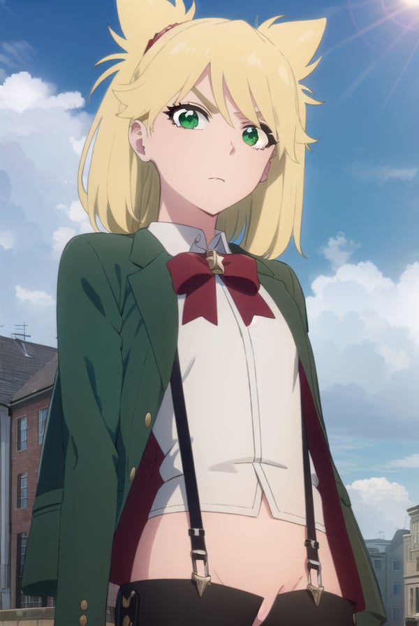 ninnyspangcole, <lora:ninny spangcole anime-lora-nochekaiser:1>,ninny spangcole, long hair, blonde hair, (green eyes:1.5), twintails, two side up,BREAK shirt, thighhighs, long sleeves, bow, jacket, white shirt, shorts, bowtie, red bow, thigh strap, capelet, black shorts, suspenders, green jacket, suspender shorts,BREAK outdoors, city, sun, sky, clouds,BREAK looking at viewer, (cowboy shot:1.5),BREAK <lyco:GoodHands-beta2:1>, (masterpiece:1.2), best quality, high resolution, unity 8k wallpaper, (illustration:0.8), (beautiful detailed eyes:1.6), extremely detailed face, perfect lighting, extremely detailed CG, (perfect hands, perfect anatomy),