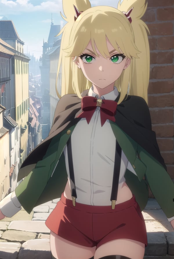 ninnyspangcole, <lora:ninny spangcole anime-lora-nochekaiser:1>,ninny spangcole, long hair, blonde hair, (green eyes:1.5), twintails, two side up,BREAK shirt, thighhighs, long sleeves, bow, jacket, white shirt, shorts, bowtie, red bow, thigh strap, capelet, black shorts, suspenders, green jacket, suspender shorts,BREAK outdoors, city, sun, sky, clouds,BREAK looking at viewer, (cowboy shot:1.5),BREAK <lyco:GoodHands-beta2:1>, (masterpiece:1.2), best quality, high resolution, unity 8k wallpaper, (illustration:0.8), (beautiful detailed eyes:1.6), extremely detailed face, perfect lighting, extremely detailed CG, (perfect hands, perfect anatomy),