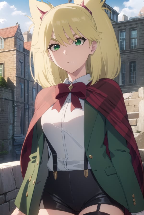 ninnyspangcole, <lora:ninny spangcole anime-lora-nochekaiser:1>,ninny spangcole, long hair, blonde hair, (green eyes:1.5), twintails, two side up,BREAK shirt, thighhighs, long sleeves, bow, jacket, white shirt, shorts, bowtie, red bow, thigh strap, capelet, black shorts, suspenders, green jacket, suspender shorts,BREAK outdoors, city, sun, sky, clouds,BREAK looking at viewer, (cowboy shot:1.5),BREAK <lyco:GoodHands-beta2:1>, (masterpiece:1.2), best quality, high resolution, unity 8k wallpaper, (illustration:0.8), (beautiful detailed eyes:1.6), extremely detailed face, perfect lighting, extremely detailed CG, (perfect hands, perfect anatomy),