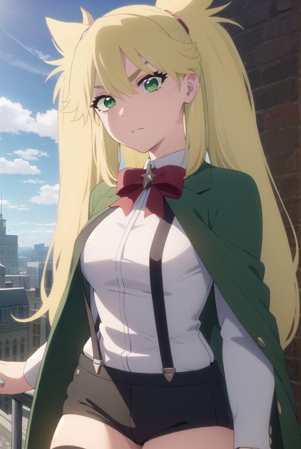 ninnyspangcole, <lora:ninny spangcole anime-lora-nochekaiser:1>,ninny spangcole, long hair, blonde hair, (green eyes:1.5), twintails, two side up,BREAK shirt, thighhighs, long sleeves, bow, jacket, white shirt, shorts, bowtie, red bow, thigh strap, capelet, black shorts, suspenders, green jacket, suspender shorts,BREAK outdoors, city, sun, sky, clouds,BREAK looking at viewer, (cowboy shot:1.5),BREAK <lyco:GoodHands-beta2:1>, (masterpiece:1.2), best quality, high resolution, unity 8k wallpaper, (illustration:0.8), (beautiful detailed eyes:1.6), extremely detailed face, perfect lighting, extremely detailed CG, (perfect hands, perfect anatomy),