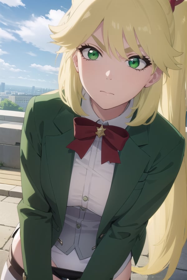 ninnyspangcole, <lora:ninny spangcole anime-lora-nochekaiser:1>,ninny spangcole, long hair, blonde hair, (green eyes:1.5), twintails, two side up,BREAK shirt, thighhighs, long sleeves, bow, jacket, white shirt, shorts, bowtie, red bow, thigh strap, capelet, black shorts, suspenders, green jacket, suspender shorts,BREAK outdoors, city, sun, sky, clouds,BREAK looking at viewer, (cowboy shot:1.5),BREAK <lyco:GoodHands-beta2:1>, (masterpiece:1.2), best quality, high resolution, unity 8k wallpaper, (illustration:0.8), (beautiful detailed eyes:1.6), extremely detailed face, perfect lighting, extremely detailed CG, (perfect hands, perfect anatomy),