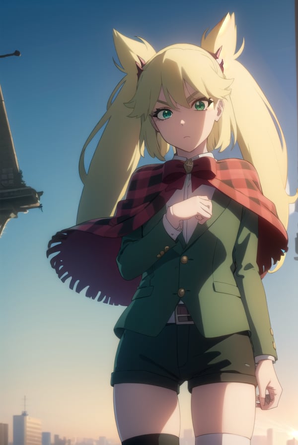 ninnyspangcole, <lora:ninny spangcole anime-lora-nochekaiser:1>,ninny spangcole, long hair, blonde hair, (green eyes:1.5), twintails, two side up,BREAK shirt, thighhighs, long sleeves, bow, jacket, white shirt, shorts, bowtie, red bow, thigh strap, capelet, black shorts, suspenders, green jacket, suspender shorts,BREAK outdoors, city, sun, sky, clouds,BREAK looking at viewer, (cowboy shot:1.5),BREAK <lyco:GoodHands-beta2:1>, (masterpiece:1.2), best quality, high resolution, unity 8k wallpaper, (illustration:0.8), (beautiful detailed eyes:1.6), extremely detailed face, perfect lighting, extremely detailed CG, (perfect hands, perfect anatomy),