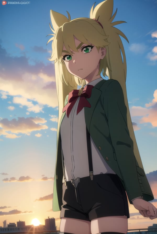 ninnyspangcole, <lora:ninny spangcole anime-lora-nochekaiser:1>,ninny spangcole, long hair, blonde hair, (green eyes:1.5), twintails, two side up,BREAK shirt, thighhighs, long sleeves, bow, jacket, white shirt, shorts, bowtie, red bow, thigh strap, capelet, black shorts, suspenders, green jacket, suspender shorts,BREAK outdoors, city, sun, sky, clouds,BREAK looking at viewer, (cowboy shot:1.5),BREAK <lyco:GoodHands-beta2:1>, (masterpiece:1.2), best quality, high resolution, unity 8k wallpaper, (illustration:0.8), (beautiful detailed eyes:1.6), extremely detailed face, perfect lighting, extremely detailed CG, (perfect hands, perfect anatomy),