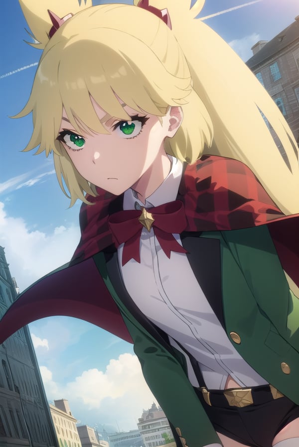 ninnyspangcole, <lora:ninny spangcole anime-lora-nochekaiser:1>,ninny spangcole, long hair, blonde hair, (green eyes:1.5), twintails, two side up,BREAK shirt, thighhighs, long sleeves, bow, jacket, white shirt, shorts, bowtie, red bow, thigh strap, capelet, black shorts, suspenders, green jacket, suspender shorts,BREAK outdoors, city, sun, sky, clouds,BREAK looking at viewer, (cowboy shot:1.5),BREAK <lyco:GoodHands-beta2:1>, (masterpiece:1.2), best quality, high resolution, unity 8k wallpaper, (illustration:0.8), (beautiful detailed eyes:1.6), extremely detailed face, perfect lighting, extremely detailed CG, (perfect hands, perfect anatomy),