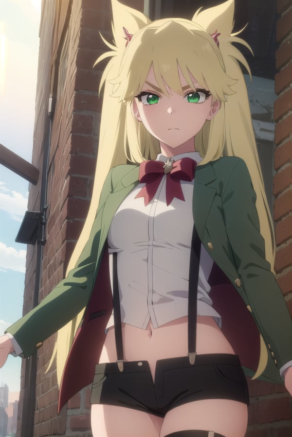 ninnyspangcole, <lora:ninny spangcole anime-lora-nochekaiser:1>,ninny spangcole, long hair, blonde hair, (green eyes:1.5), twintails, two side up,BREAK shirt, thighhighs, long sleeves, bow, jacket, white shirt, shorts, bowtie, red bow, thigh strap, capelet, black shorts, suspenders, green jacket, suspender shorts,BREAK outdoors, city, sun, sky, clouds,BREAK looking at viewer, (cowboy shot:1.5),BREAK <lyco:GoodHands-beta2:1>, (masterpiece:1.2), best quality, high resolution, unity 8k wallpaper, (illustration:0.8), (beautiful detailed eyes:1.6), extremely detailed face, perfect lighting, extremely detailed CG, (perfect hands, perfect anatomy),