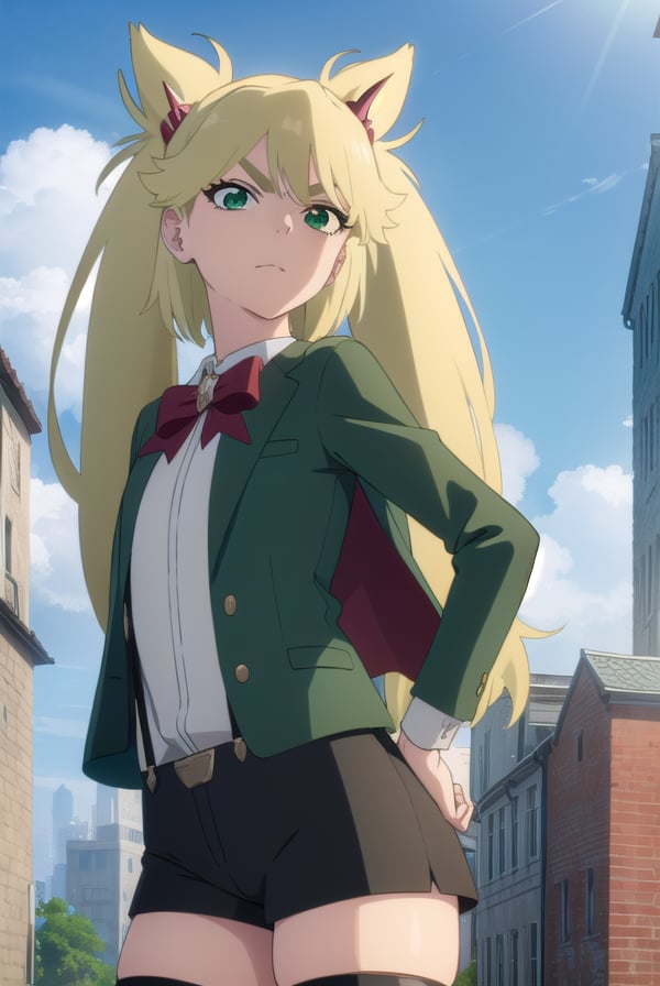 ninnyspangcole, <lora:ninny spangcole anime-lora-nochekaiser:1>,ninny spangcole, long hair, blonde hair, (green eyes:1.5), twintails, two side up,BREAK shirt, thighhighs, long sleeves, bow, jacket, white shirt, shorts, bowtie, red bow, thigh strap, capelet, black shorts, suspenders, green jacket, suspender shorts,BREAK outdoors, city, sun, sky, clouds,BREAK looking at viewer, (cowboy shot:1.5),BREAK <lyco:GoodHands-beta2:1>, (masterpiece:1.2), best quality, high resolution, unity 8k wallpaper, (illustration:0.8), (beautiful detailed eyes:1.6), extremely detailed face, perfect lighting, extremely detailed CG, (perfect hands, perfect anatomy),