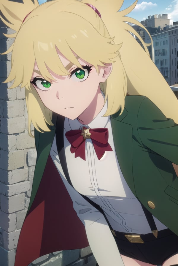 ninnyspangcole, <lora:ninny spangcole anime-lora-nochekaiser:1>,ninny spangcole, long hair, blonde hair, (green eyes:1.5), twintails, two side up,BREAK shirt, thighhighs, long sleeves, bow, jacket, white shirt, shorts, bowtie, red bow, thigh strap, capelet, black shorts, suspenders, green jacket, suspender shorts,BREAK outdoors, city, sun, sky, clouds,BREAK looking at viewer, (cowboy shot:1.5),BREAK <lyco:GoodHands-beta2:1>, (masterpiece:1.2), best quality, high resolution, unity 8k wallpaper, (illustration:0.8), (beautiful detailed eyes:1.6), extremely detailed face, perfect lighting, extremely detailed CG, (perfect hands, perfect anatomy),