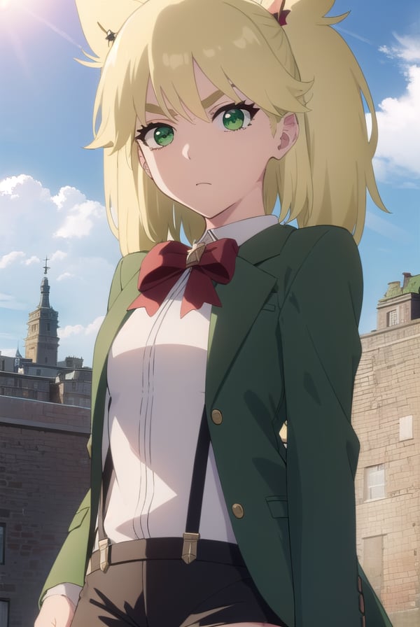 ninnyspangcole, <lora:ninny spangcole anime-lora-nochekaiser:1>,ninny spangcole, long hair, blonde hair, (green eyes:1.5), twintails, two side up,BREAK shirt, thighhighs, long sleeves, bow, jacket, white shirt, shorts, bowtie, red bow, thigh strap, capelet, black shorts, suspenders, green jacket, suspender shorts,BREAK outdoors, city, sun, sky, clouds,BREAK looking at viewer, (cowboy shot:1.5),BREAK <lyco:GoodHands-beta2:1>, (masterpiece:1.2), best quality, high resolution, unity 8k wallpaper, (illustration:0.8), (beautiful detailed eyes:1.6), extremely detailed face, perfect lighting, extremely detailed CG, (perfect hands, perfect anatomy),