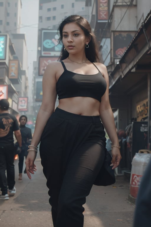 neon, cyberpunk, 1girl, solo, plump:1.5,  sexy pose, long hair, big breasts, looking at viewer, skirt, black hair, hair ornament, navel, bare shoulders, brown eyes, jewelry, standing, earrings, midriff, pants, dark skin, necklace, bracelet, dark-skinned female, lips, crop top, ring, walking, long skirt, realistic, nose, neon lights,Futuristic room,35 years old women,CyberpunkWorld,realism,photorealistic,navel,Very crowded city