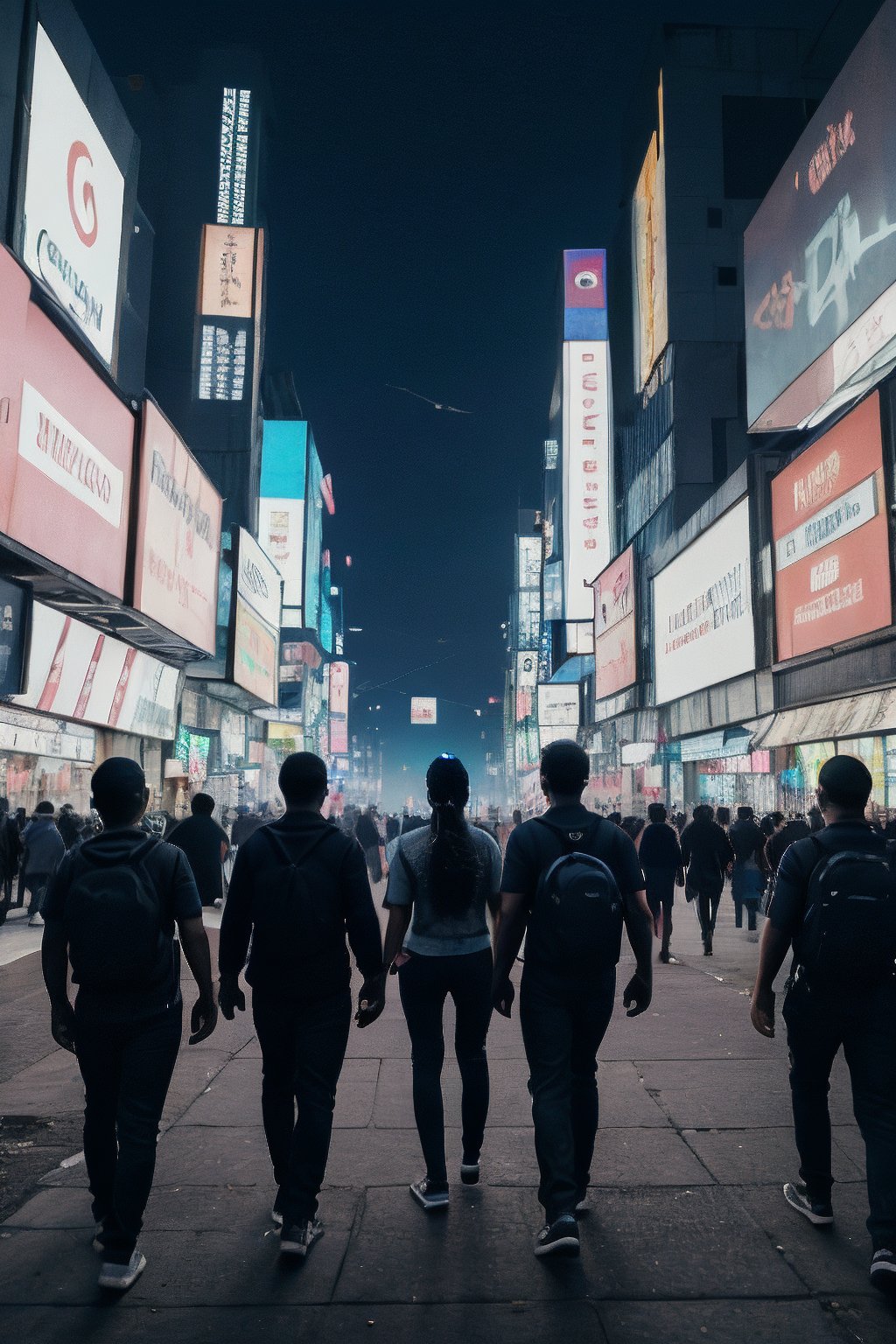 Bussy city, crowd, cyberpunk, girl and boys walking, long shot, details, 8k, ultra realistic, ,20 year old girl,1mallugirl