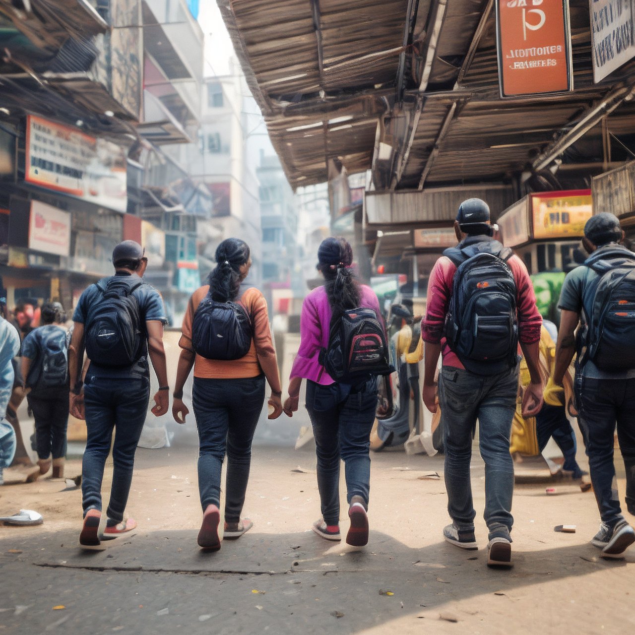 India kerala Busy city, crowd, cyberpunk, girl and boys walking, long shot, details, 8k, ultra realistic,16k, detailed skin texture, subsurface scattering, realistic, rule of thirds, Asian-Less, Intricate details, High Detail, professional photography, 8K UHD, sharp focus, shot with a (Canon EOS 5D Mark IV DSLR Camera:1.2), More Detail, Realism, photorealistic