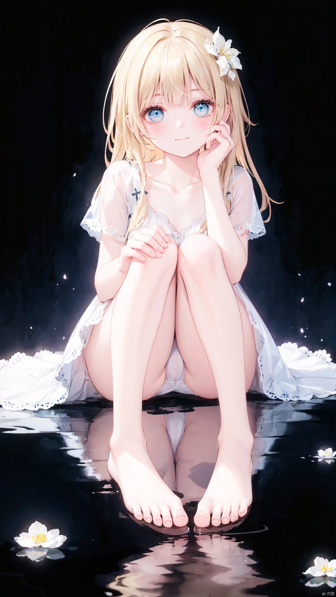 1girl,solo,flower,dress,sitting,barefoot,blonde hair,panties,long hair,looking at viewer,white dress,underwear,bangs,hair ornament,blush,feet,bare legs,toes,white flower,collarbone,water,hair flower,pantyshot,closed mouth,short sleeves,full body,blue eyes,blue panties,hand on own face,knees up,smile,print panties,knees together feet apart,legs,hand on own cheek,black background,reflection,plant,upskirt,