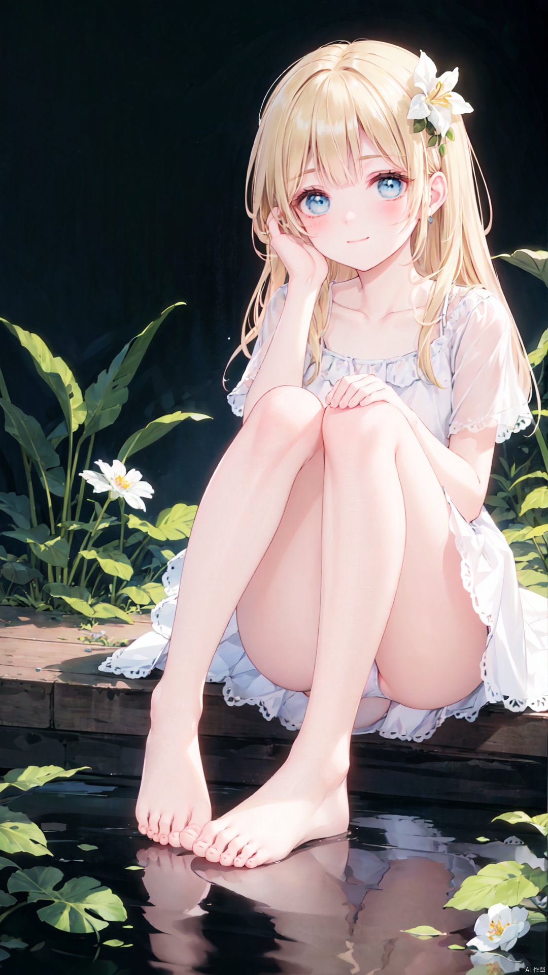 1girl,solo,flower,dress,sitting,barefoot,blonde hair,panties,long hair,looking at viewer,white dress,underwear,bangs,hair ornament,blush,feet,bare legs,toes,white flower,collarbone,water,hair flower,pantyshot,closed mouth,short sleeves,full body,blue eyes,blue panties,hand on own face,knees up,smile,print panties,knees together feet apart,legs,hand on own cheek,black background,reflection,plant,upskirt,