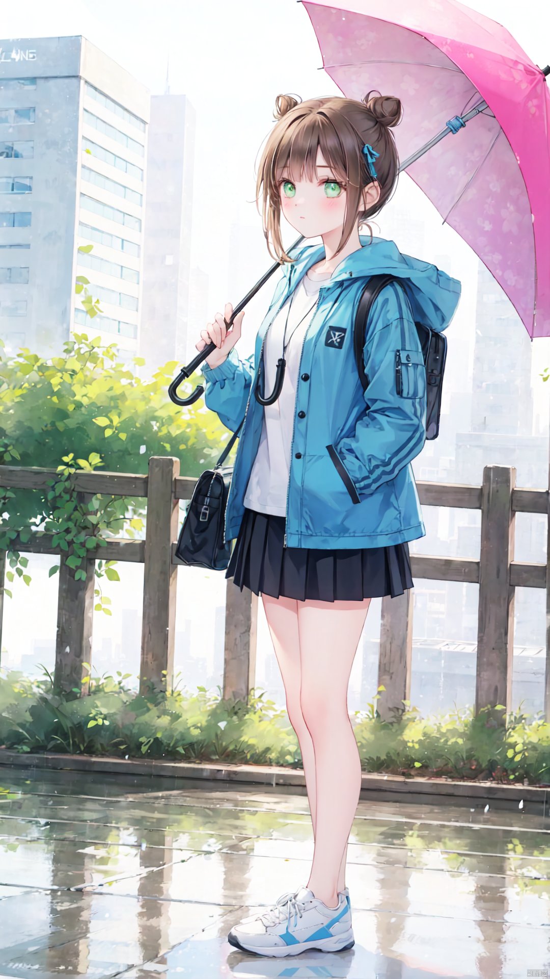  1girl, skirt, solo, umbrella, single hair bun, phone, holding, outdoors, hair bun, shoes, bag, jacket, shirt, transparent, sneakers, cellphone, white shirt, brown hair, holding phone, blush, standing, holding umbrella, reflection, belt, transparent umbrella, bangs, shoulder bag, white footwear, smartphone, open clothes, blue jacket, green eyes, fence, open jacket