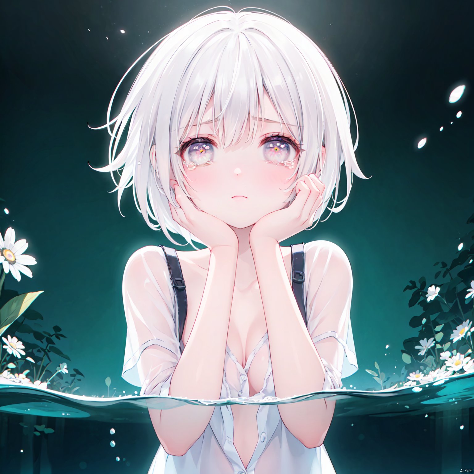 best quality, (chromatic aberration), (beautiful young female:1.4), (streaming tears), sad, (daisy), (daisy), (daisy), looking at viewer, partially submerged, both hands on own cheek, {see-through long shirt},,{no bra} , (white hair, short hair, bangs:1.2), (glowing eyes), ripples, dark water, black background, (prismatic),