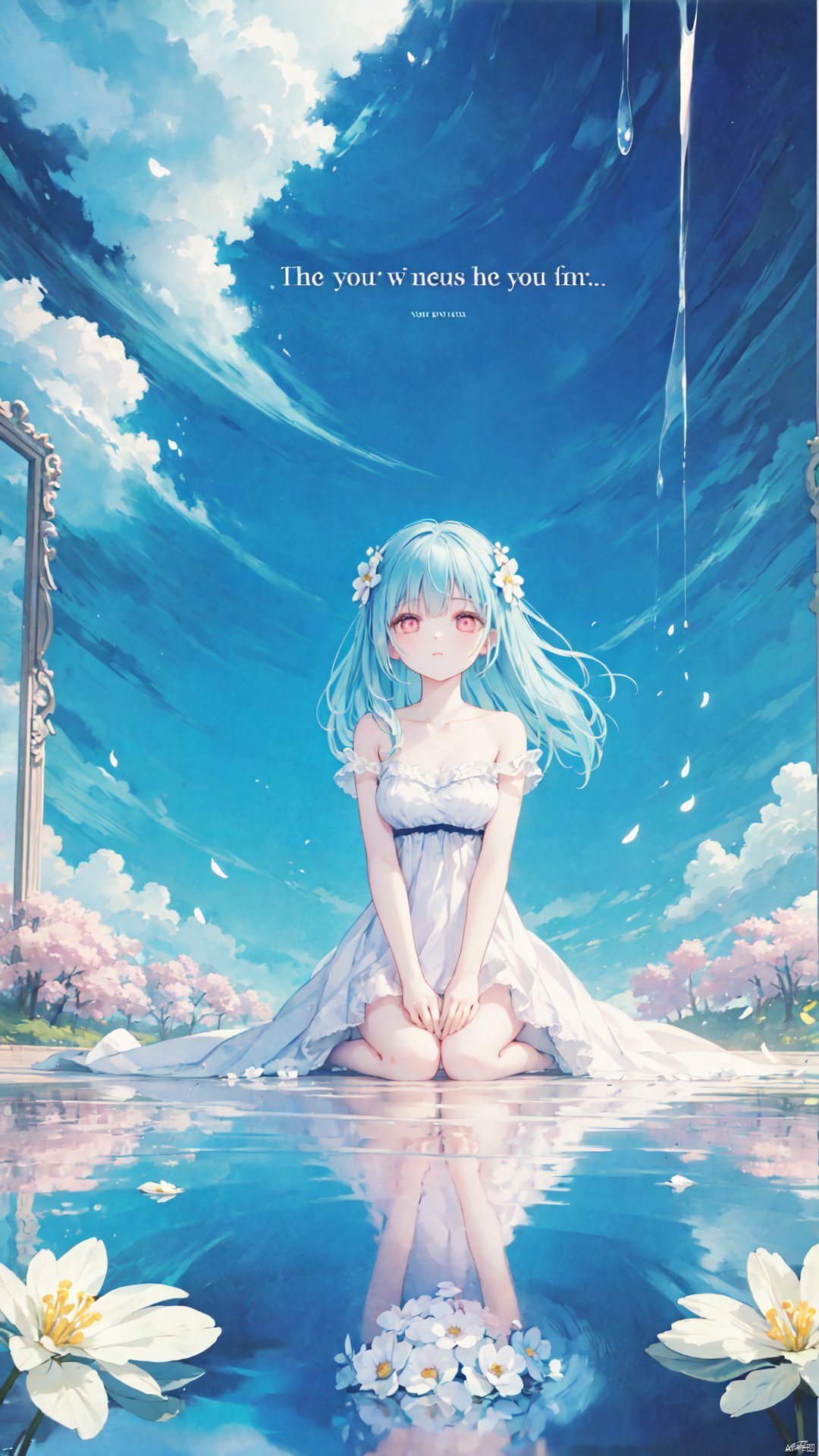 best quality, masterpiece, illustration,(reflection light),incredibly absurdres,(Movie Poster),(signature:1.3),(English text:1.3), 1girl, girl middle of flower,pure skyblue hair, red eyes,clear sky, outside,collarbone, sitting, absurdly long hair, clear boundaries of the cloth, white dress, fantastic scenery, ground of flowers, thousand of flowers, colorful flowers, flowers around her, various flowers