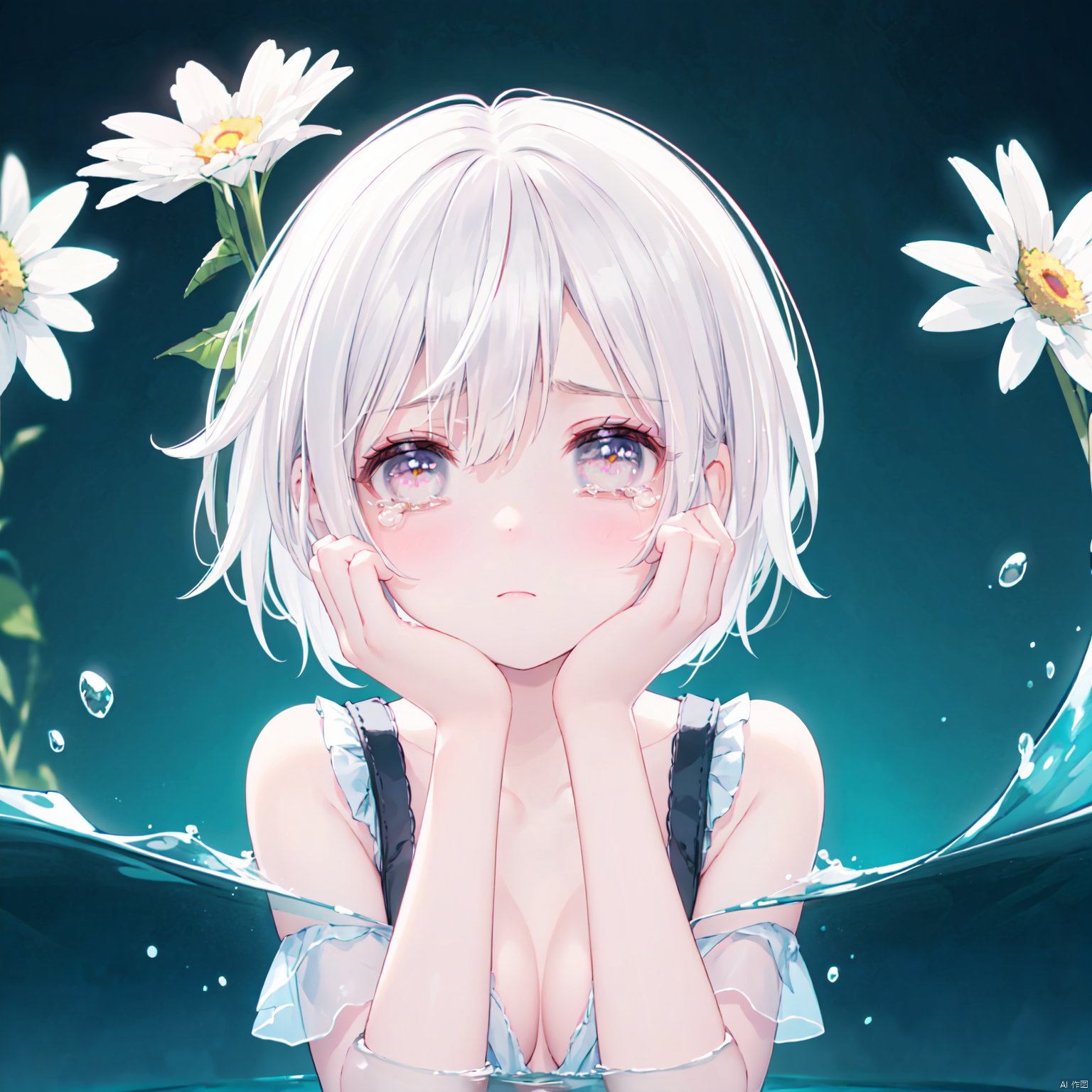 best quality, (chromatic aberration), (beautiful young female:1.4), (streaming tears), sad, (daisy), (daisy), (daisy), looking at viewer, partially submerged, both hands on own cheek, {see-through long shirt},,{no bra} , (white hair, short hair, bangs:1.2), (glowing eyes), ripples, dark water, black background, (prismatic),