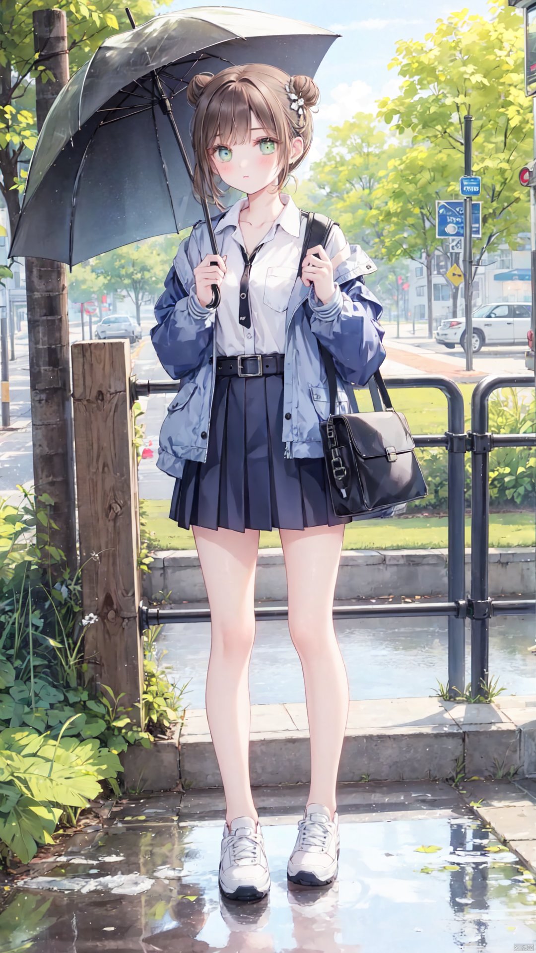  1girl, skirt, solo, umbrella, single hair bun, phone, holding, outdoors, hair bun, shoes, bag, jacket, shirt, transparent, sneakers, cellphone, white shirt, brown hair, holding phone, blush, standing, holding umbrella, reflection, belt, transparent umbrella, bangs, shoulder bag, white footwear, smartphone, open clothes, blue jacket, green eyes, fence, open jacket