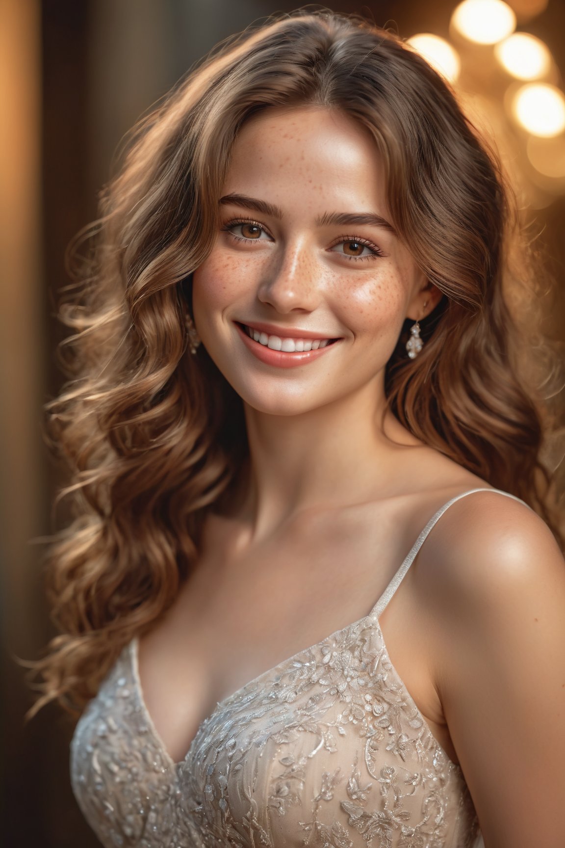 (best quality,4k,8k,highres,masterpiece:1.2),ultra-detailed,(realistic,photorealistic,photo-realistic:1.37),beautiful smile,smiling face,detailed eyes,detailed lips,delicate nose,freckles,soft skin,brown wavy hair,elegant posture,feminine charm,graceful dress,fine details,gorgeous background,vibrant colors,subtle lighting,portraits