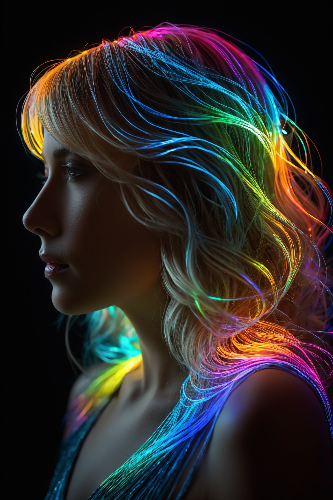 best quality, 4k, 8k, highres, masterpiece:1.2), ultra-detailed, (realistic, photorealistic, photo-realistic:1.37), Luminogram portrait with fiber optic light painting, Light field photography, Light painting, Light tracing, portraits, bokeh, studio lighting, physically-based rendering, vivid colors, sharp focus, reverse vignette, ethereal glow, colorful, delicate details, soft shadows, luminescent strands, subtle highlights, ambient incandescent light, fantastical atmosphere, glowing figures, unconventional light sources, contrasting hues, fiber optic brushstrokes, hypnotic patterns, trail of lights, playful illumination