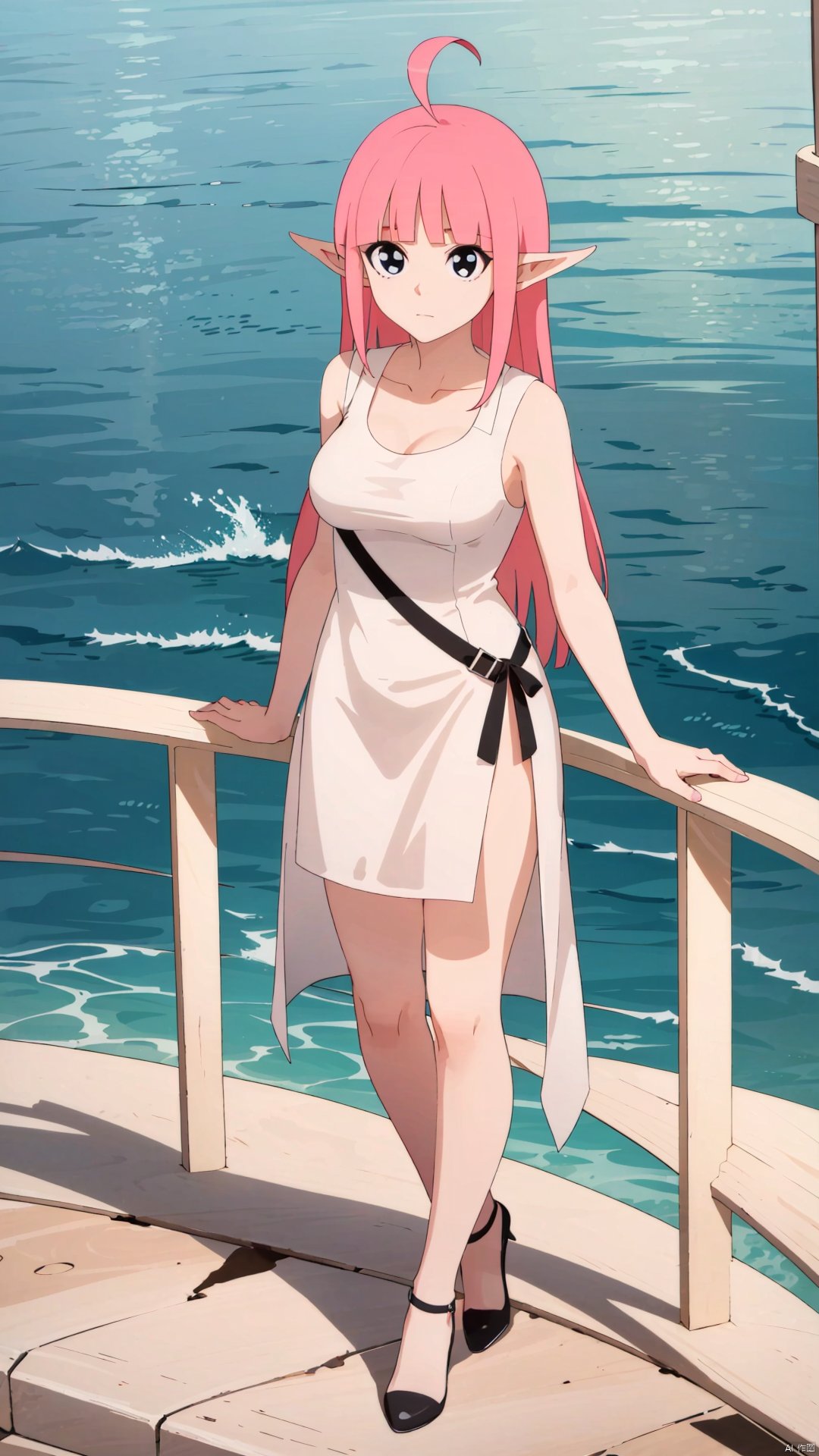 Xiaolan, 1girl, solo, pink hair, long hair, ahoge,black eyes, bangs, blunt bangs, closed mouth, collarbone, elf, long pointy ears, large breasts, sleeveless, 

(full-body shot, full body:1.3),(sea:1.3),