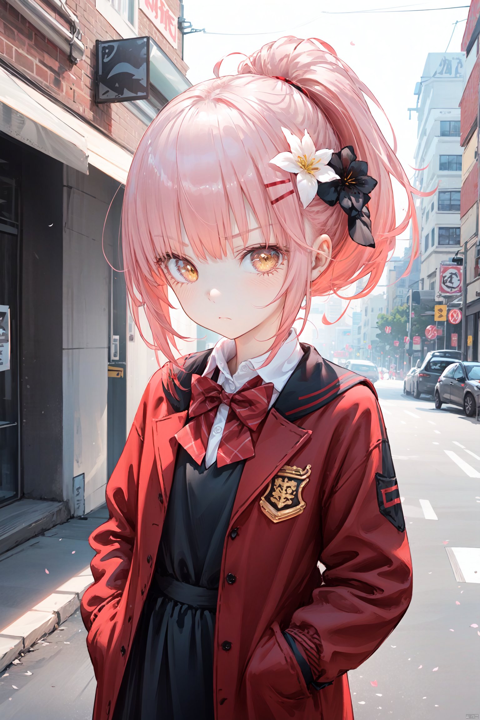 1petite loli, solo.pink hair, yellow eyes, hair flower, fipped hair, (red Jacket), high ponytail, white collared shirt, black dress, red bowtie;Frown, looking at viewer, hands in pockets, standing.