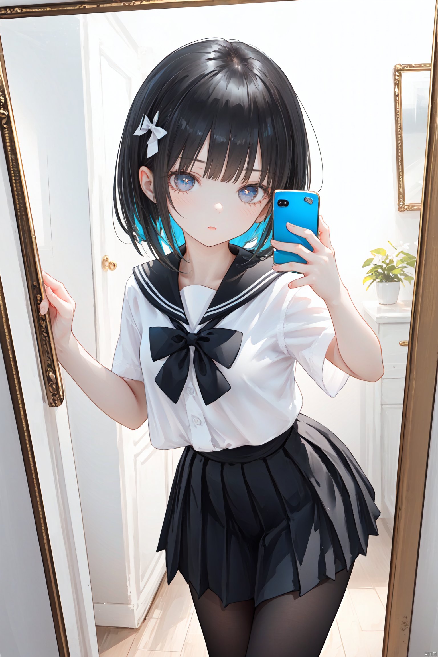 1teen girl,solo.beautiful detailed face;detailed hair(black_long_straight hair);black (sailor_collar),black bow_tie;(too_short (white)_shirt),medium (black) pleated_skirt;perfect slim loli body;mirror selfie;clever_expression,looking at phone.masterpiece,best quality,{best quality},{{masterpiece}},{highres},original,extremely detailed wallpaper,{an extremely delicate and beautiful}.