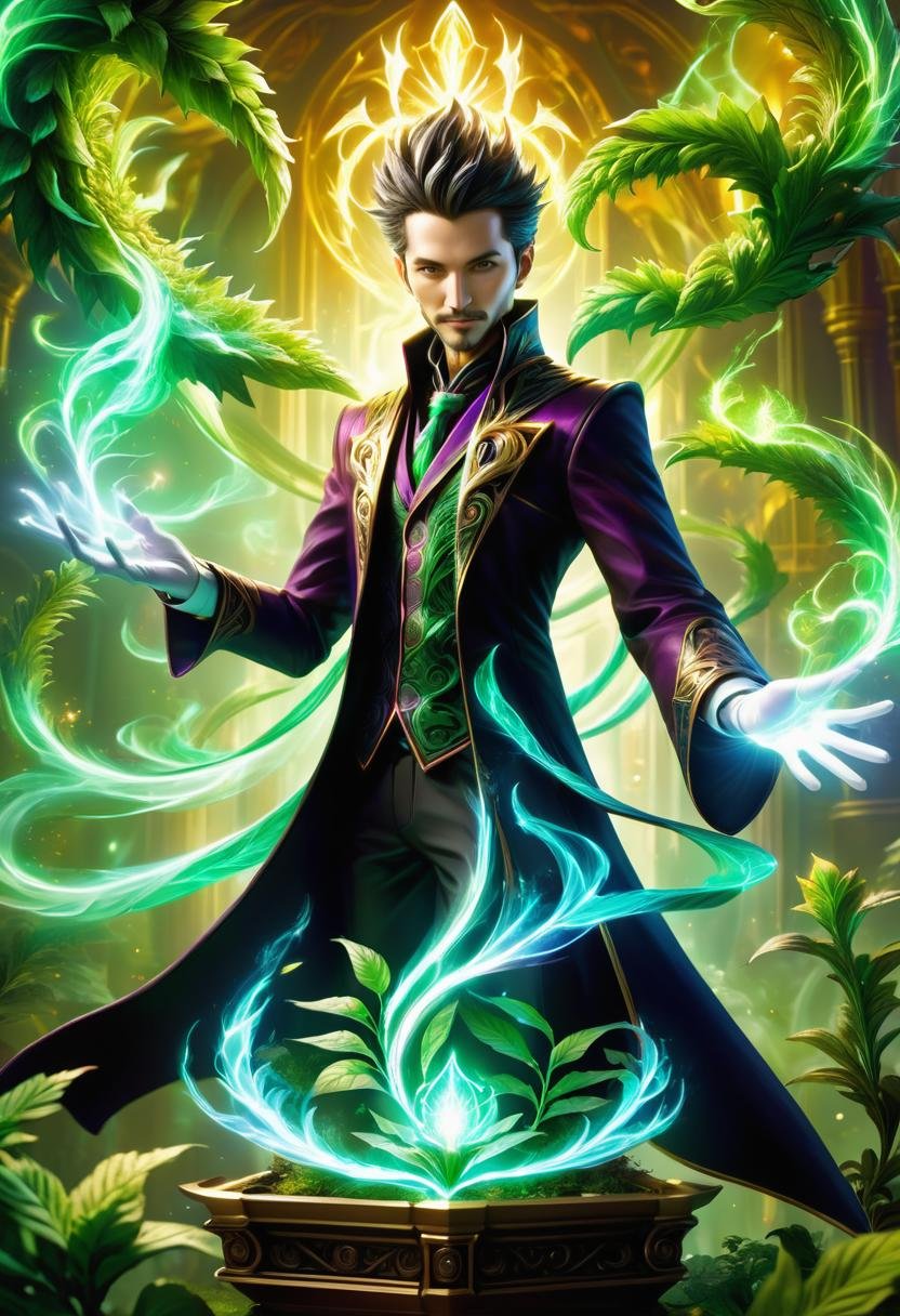 hyper detailed masterpiece, dynamic, awesome quality, a male magician summoning radiant plant DonMM4g1cXL magic <lora:DonMM4g1cXL-000008:0.8>