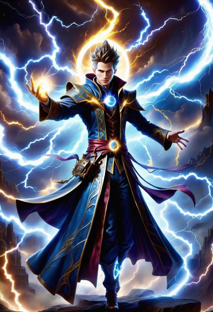 hyper detailed masterpiece, dynamic, awesome quality, a male spellcaster conjuring eclipse lightning DonMM4g1cXL magic,  <lora:DonMM4g1cXL-000008:0.8>