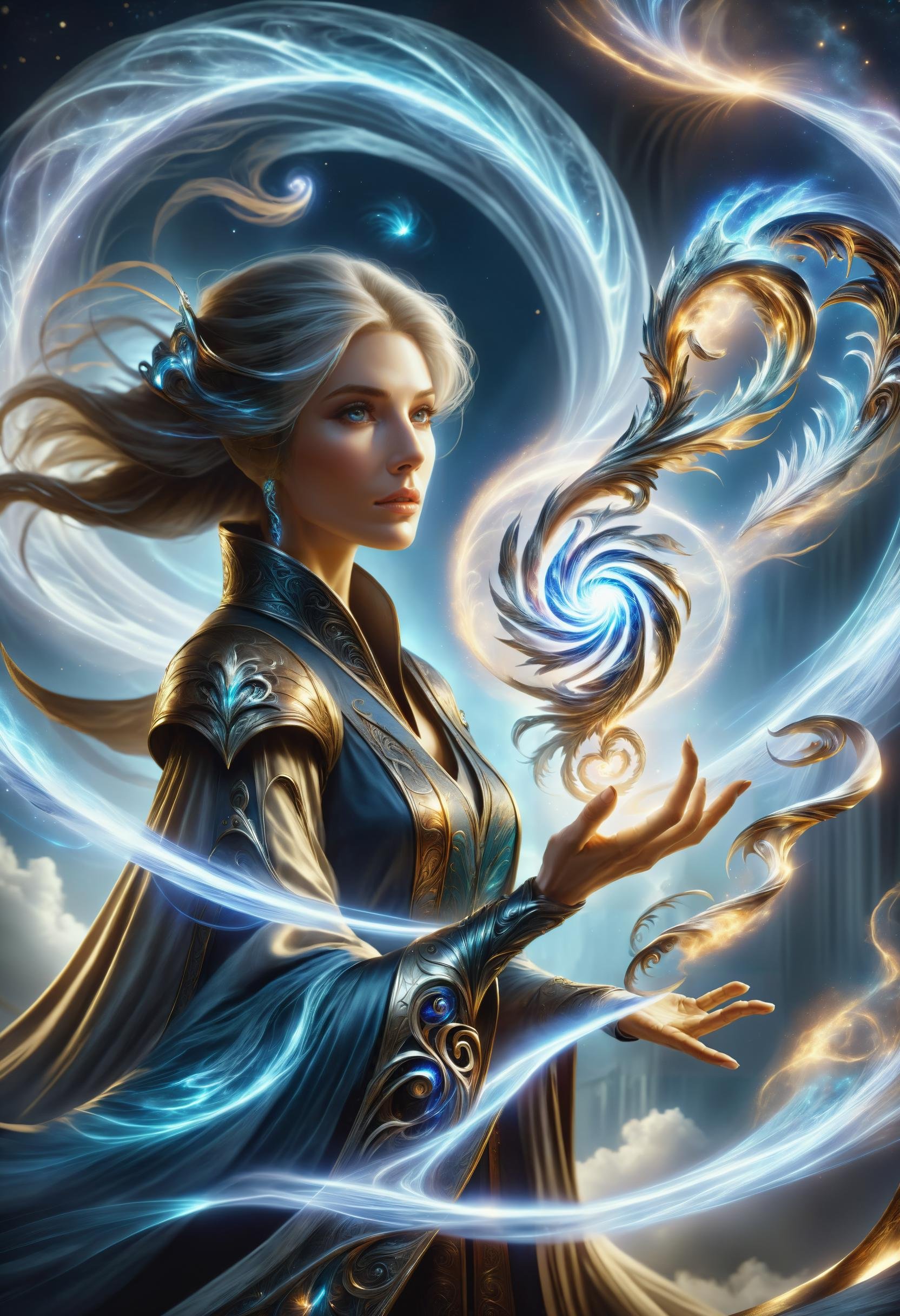 hyper detailed masterpiece, dynamic, awesome quality, a female quantum sorcerer casting enigmatic wind DonMM4g1cXL magic,  <lora:DonMM4g1cXL_v1.2:1>, Perfect Hands,  <lora:Perfect Hands:1>