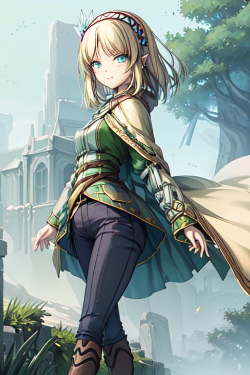 1girl, solo, cayna, soft smile, short hair, pointy ears, blue eyes, blonde hair, bangs, hairband, hair ornament, cape, green shirt, black pants, breasts, walking on forests scene 