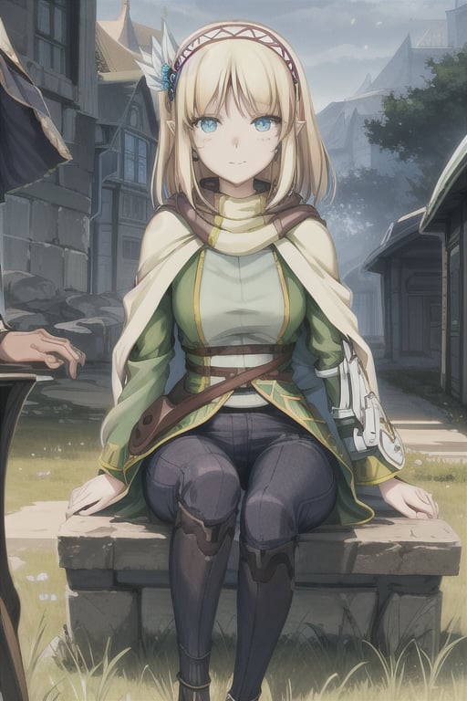 1girl, solo, cayna, soft smile, short hair, pointy ears, blue eyes, blonde hair, bangs, hairband, hair ornament, cape, green shirt, black pants, breasts, sitting, fantasy town scene 