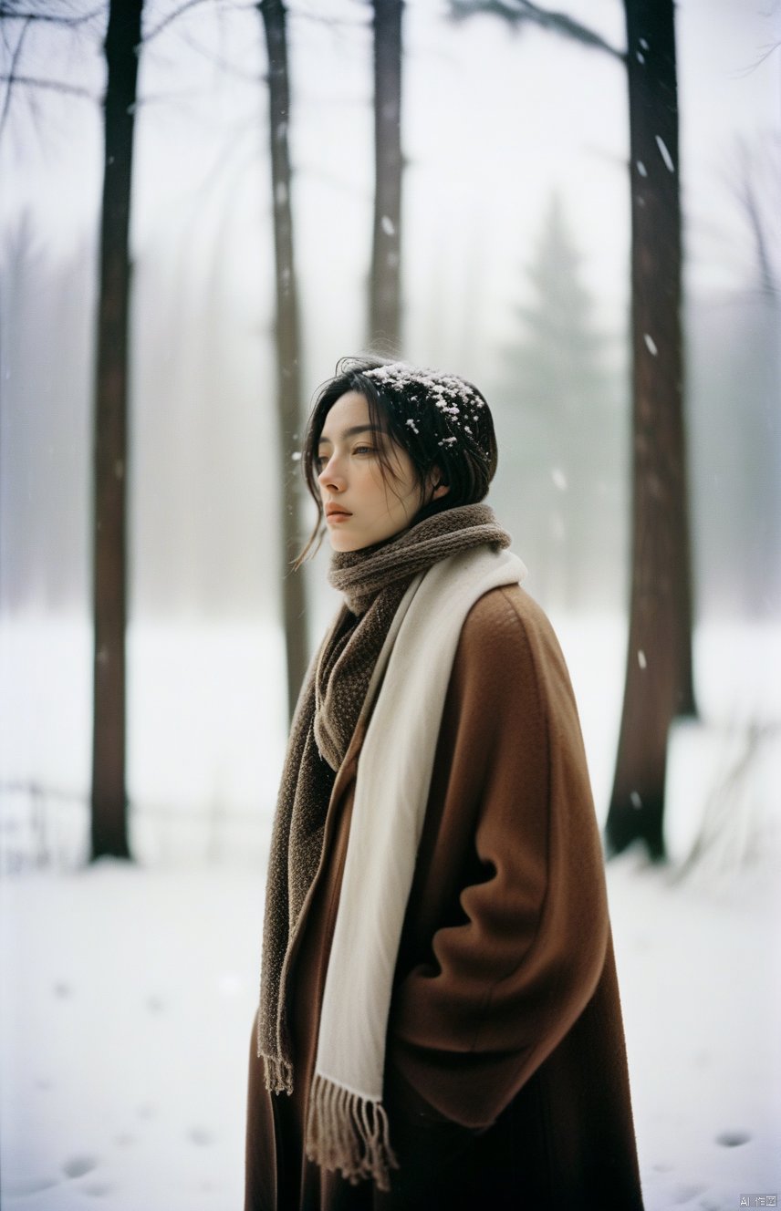  a woman standing in the snow with a scarf,album cover,forest in background,atmospheric and depressed,film,longcoat,best shot, reality,analog film photo,faded film,desaturated,35mm photo,grainy,vignette,vintage,Kodachrome,Lomography,stained,highly, realistic