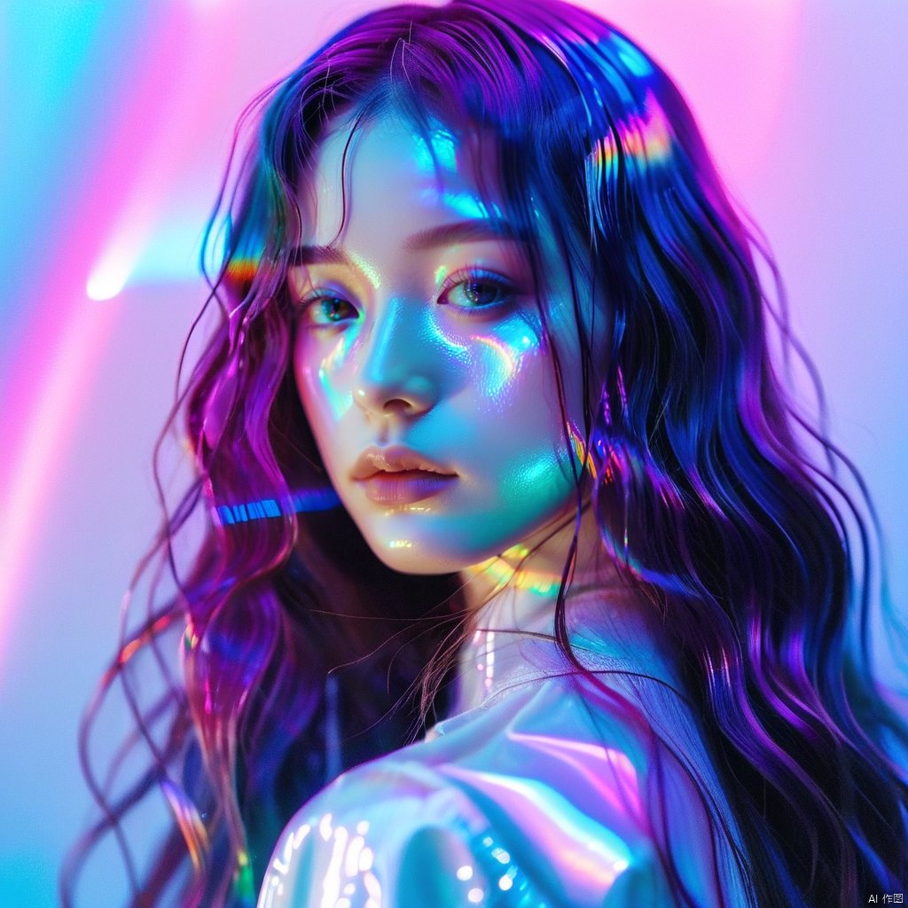  1girl, solo, long wavy hair, flowing rainbow colored holographic background, portrait, holographic, iridescent, vaporwave, fluid, niji style, realistic
