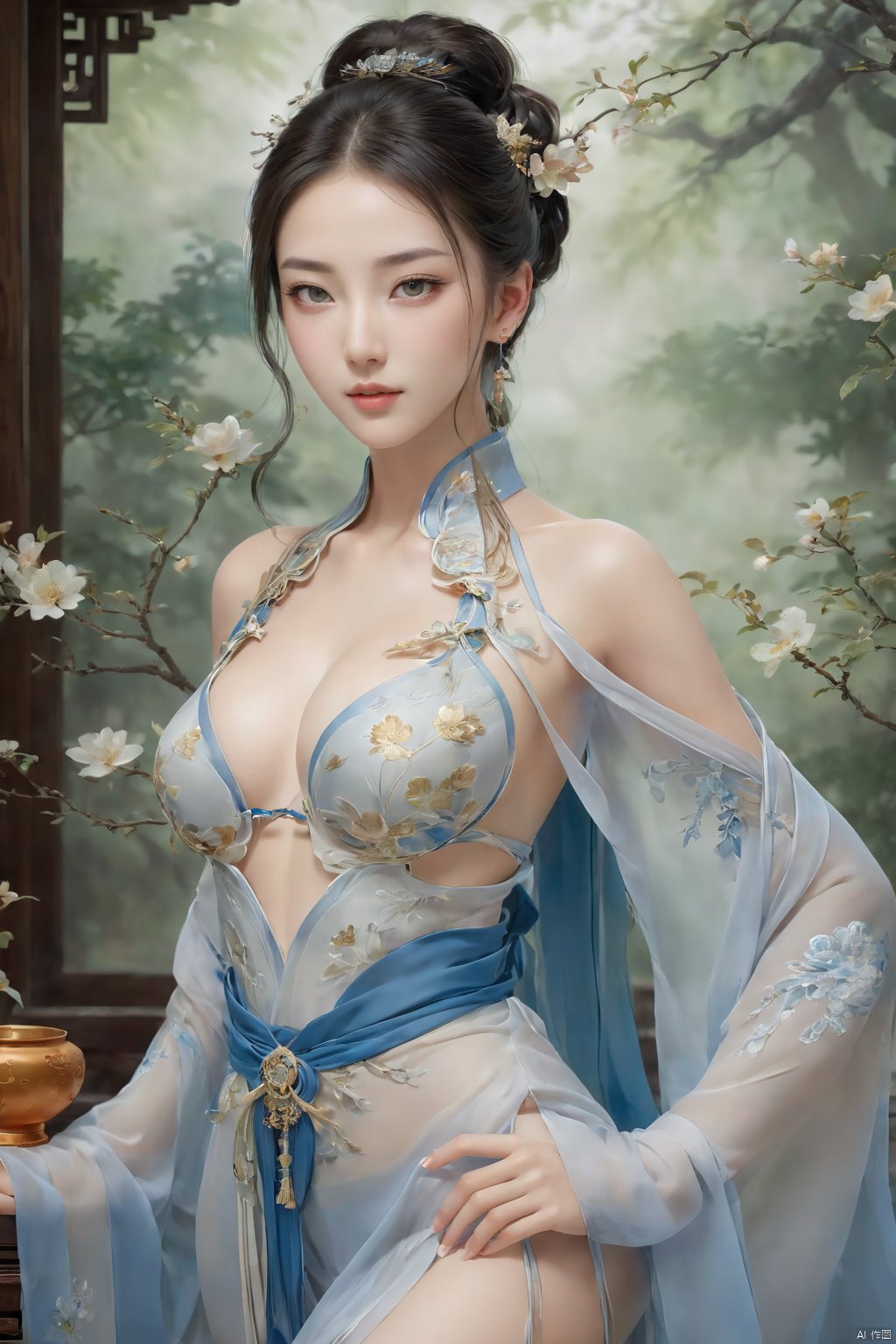  Best quality,realistic,photorealistic,masterpiece,extremely detailed CG unity 8k wallpaper,best illumination,best shadow,huge filesize,incredibly absurdres,absurdres,looking at viewer, transparent,smog,gauze,vase,petals,traditional chinese room,detailed background,wide shot background, 1gilr,Hairpins,hair ornament,slim,narrow waist,Full chest,perfect eyes,beautiful perfect face,perfect female figure,detailed skin,delicate pattern,detailed complex and rich exquisite clothing detail,delicate intricate fabrics,charming,alluring,seductive,erotic,enchanting, hanfu,song style outfits,hanfu, Realistic, GUOFENG, MEINV