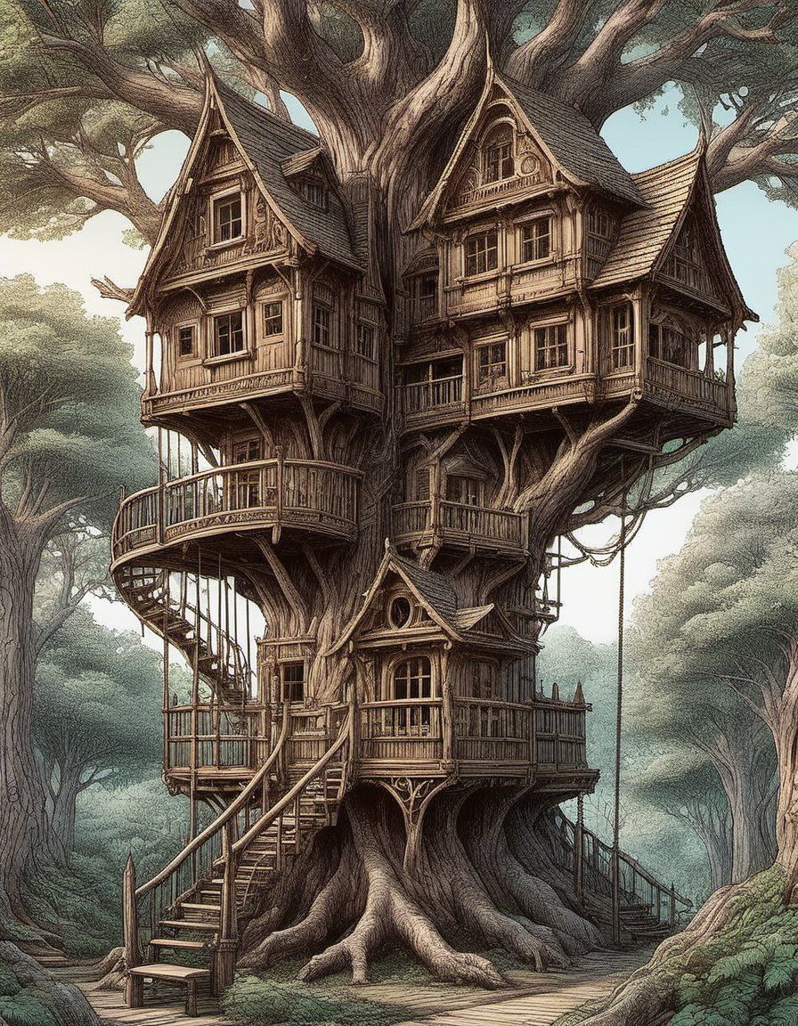 line art illustration a treehouse with many floors and rooms connected by stairwells and rope ladders and pulley-system lifts intricate carpentry beautifully carved into an enormous tree fantasy elven home beautiful and cinematic