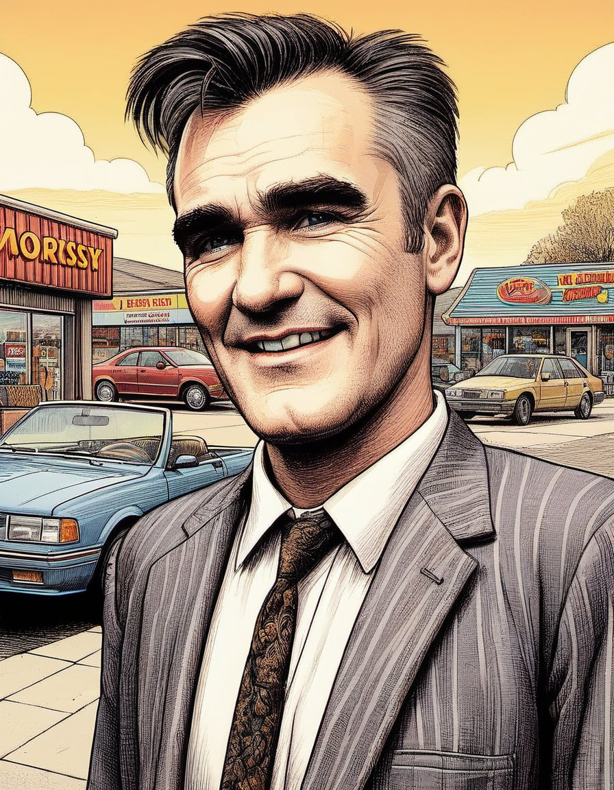 Morrissey as a used car salesman charming Morrissey enjoys his job and gets excited about trunk space on a sunny day cheerful