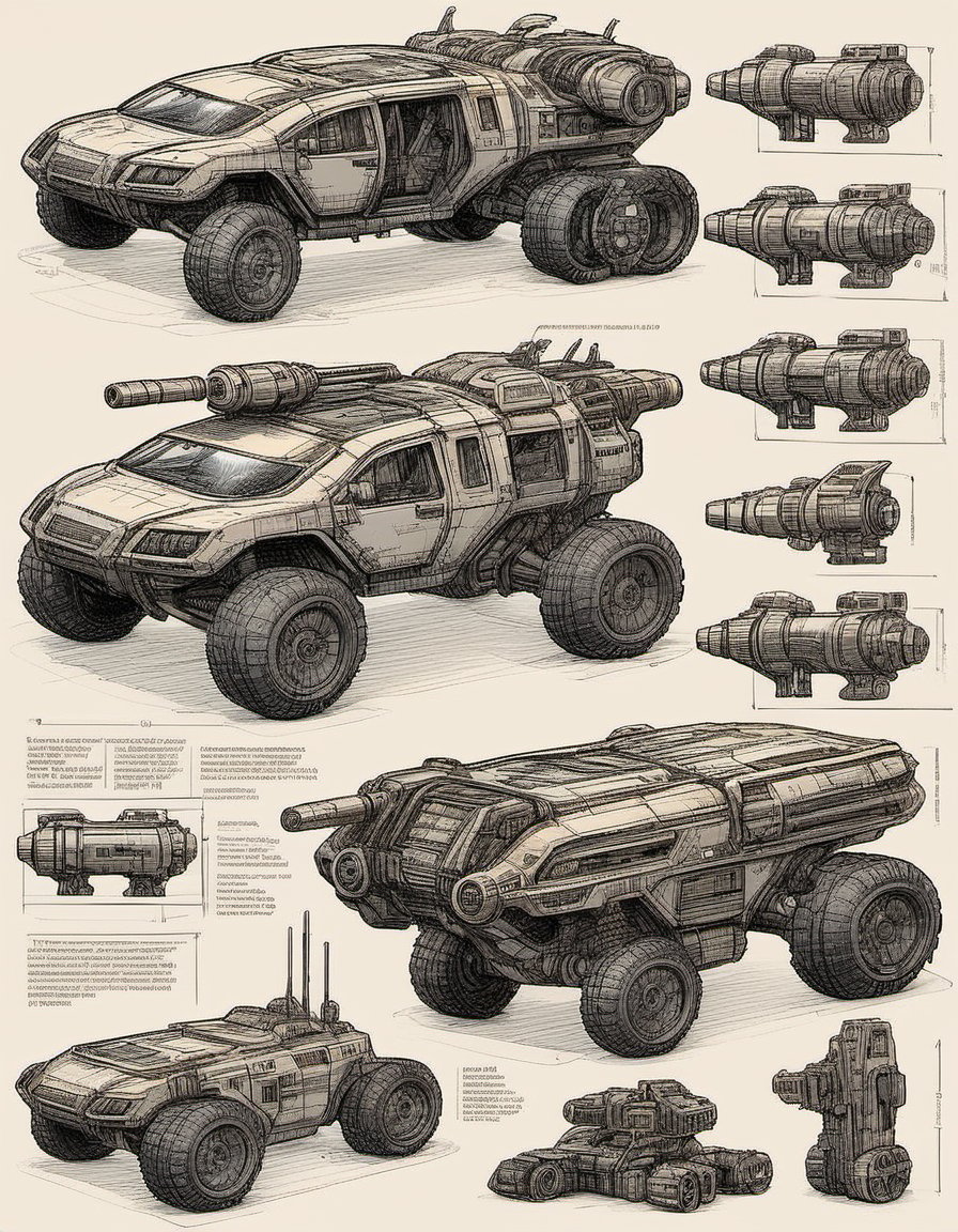 sketch art of a rugged all-terrain sci-fi battle and scientific research wheeled vehicle modular complex outfitted with many tools and weapons hardbody design annotated and thoroughly diagrammed